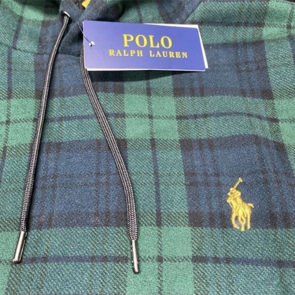 Polo Ralph Lauren Pullover Sherpa Hoodie Plaid Green Men’s Medium 5986 - Picture 3 of 10